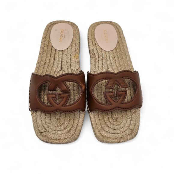 Gucci GG Espadrille Flat Slide Sandal Brown Leather Square Toe Size 37.5 US 7.5 - Picture 3 of 10